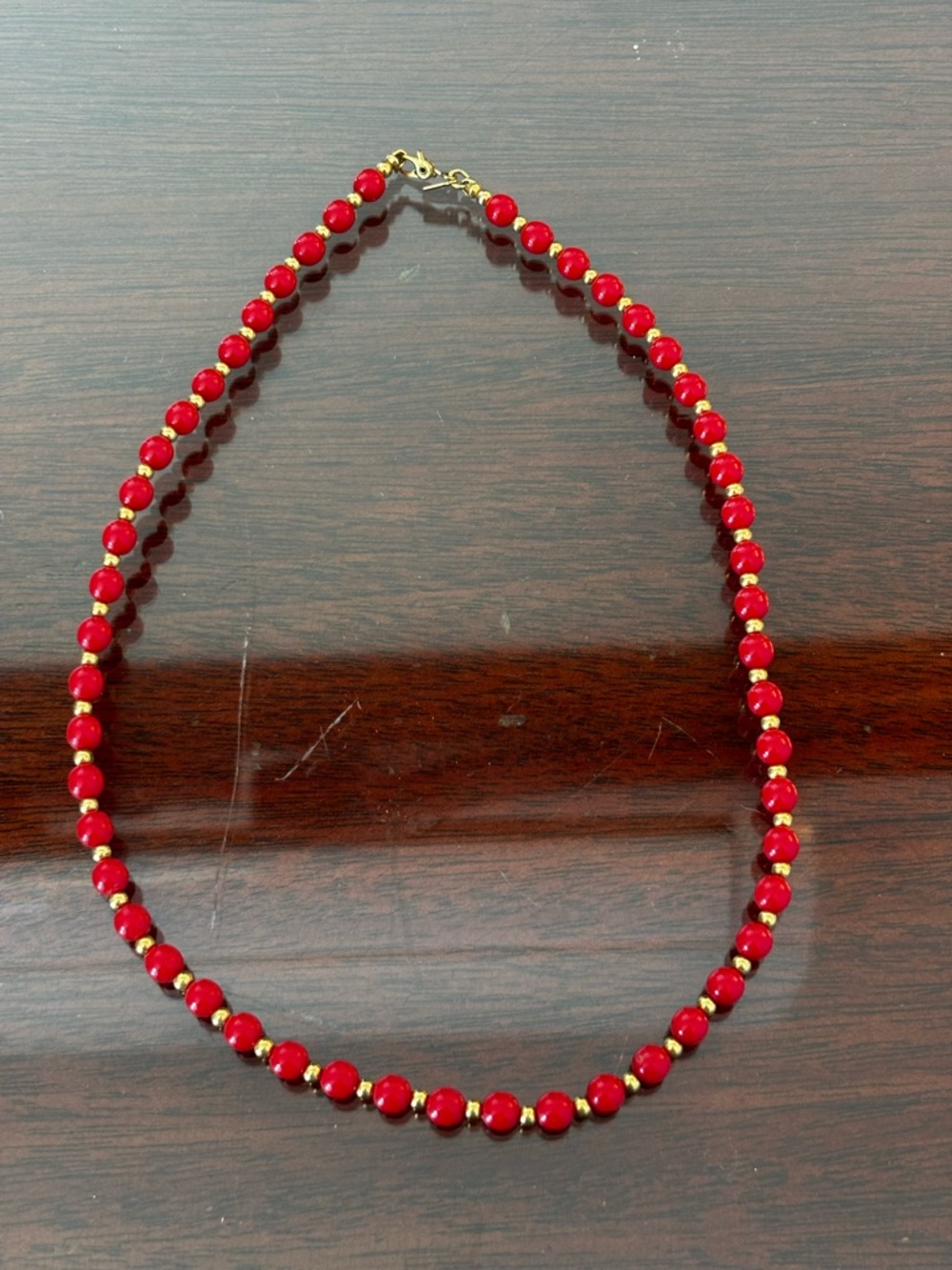 Monet Signed Red Bead Necklace with Gold Accents